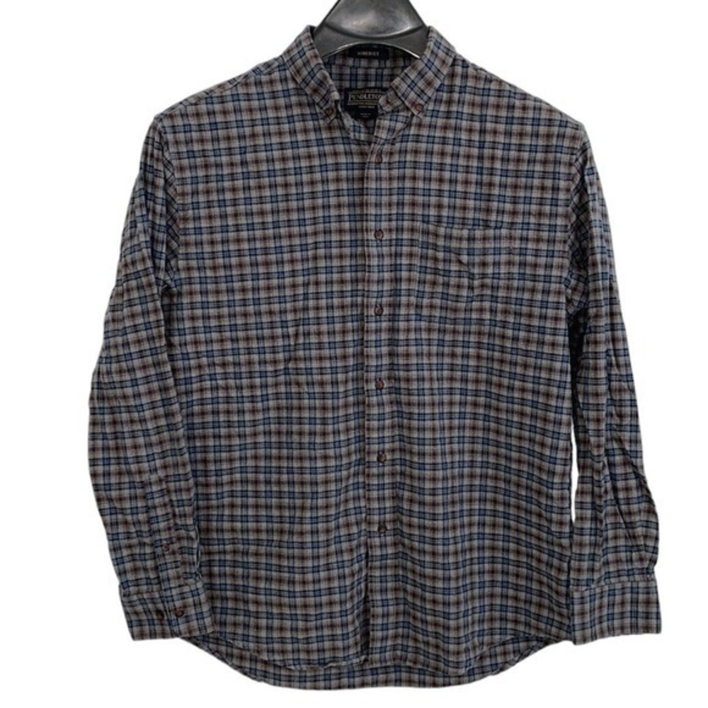 Pendleton men’s Large cotton & wool plaid button down shirt. Grey, blue & brown.
